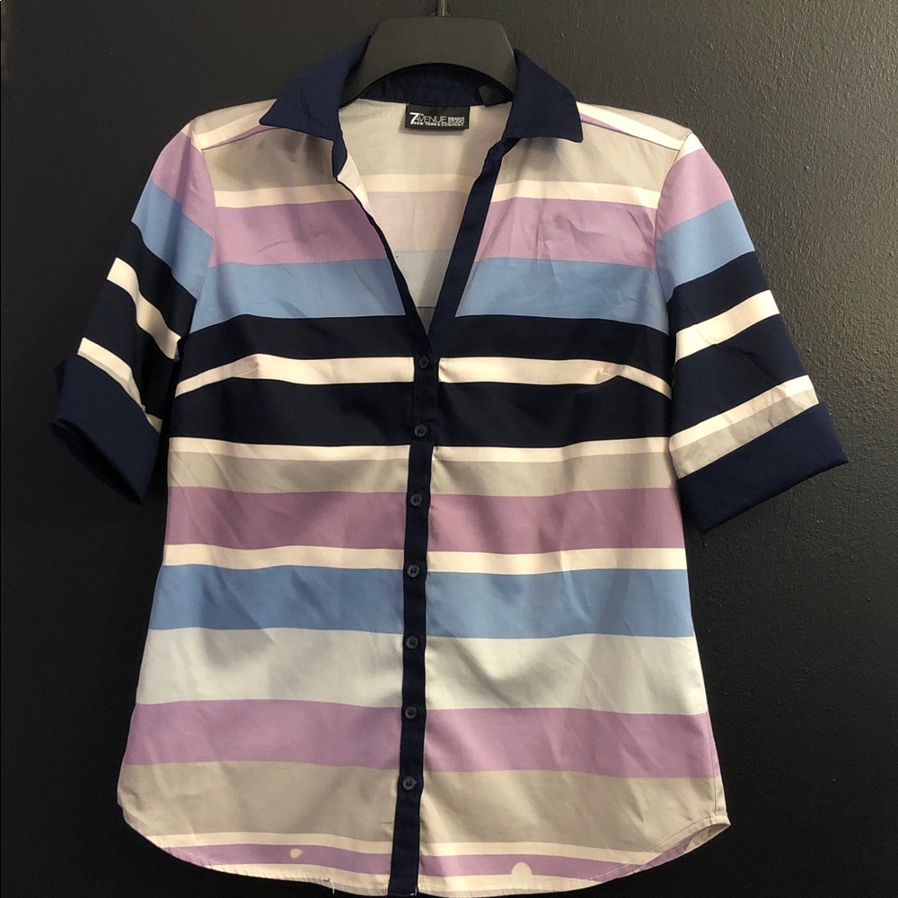 NY&C Cuff-Sleeve Striped Button-Up in Navy, Lavender, Light Blue
